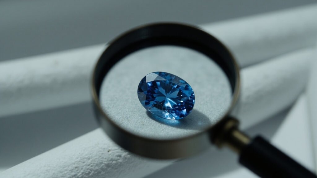 Loupe métallique grossissant un saphir, inclusions soyeuses visibles.