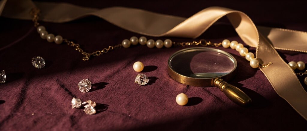 Loupe, perles, diamants, chaîne or et ruban satin champagne sur velours bordeaux.