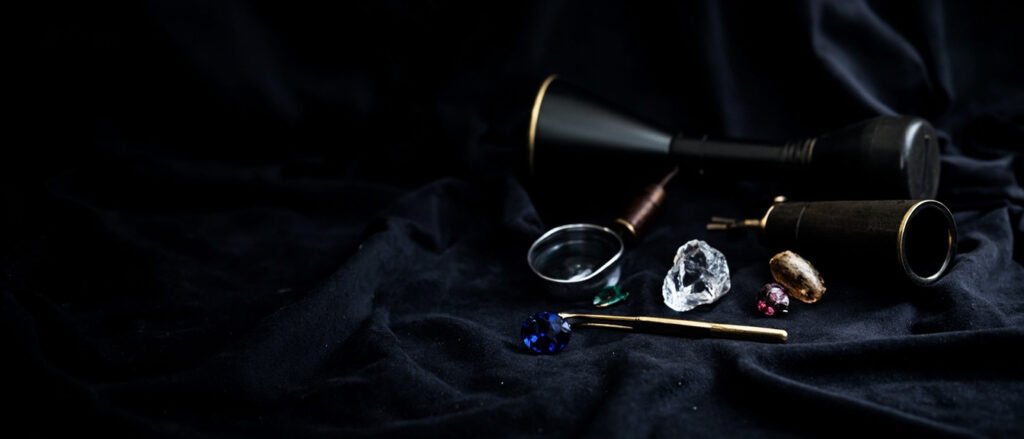 Loupe, polariscope et pierres précieuses sur velours noir profond.