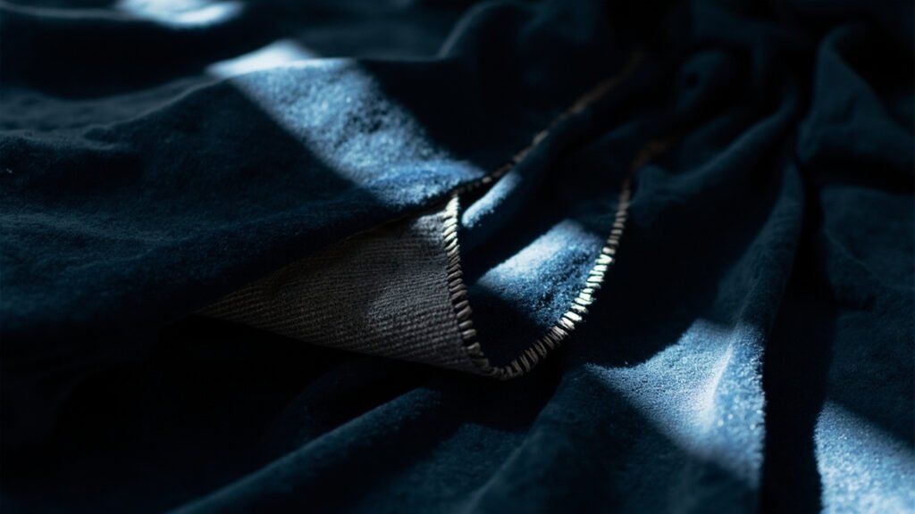 Lumière rasante sur la surface d'un velours bleu nuit.