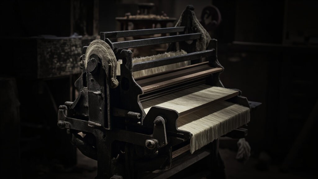 Machine victorienne de cardage mécanique du cachemire écossais.