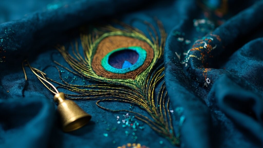 Macro broderie de plumes de paon, dé à coudre et ciseaux.