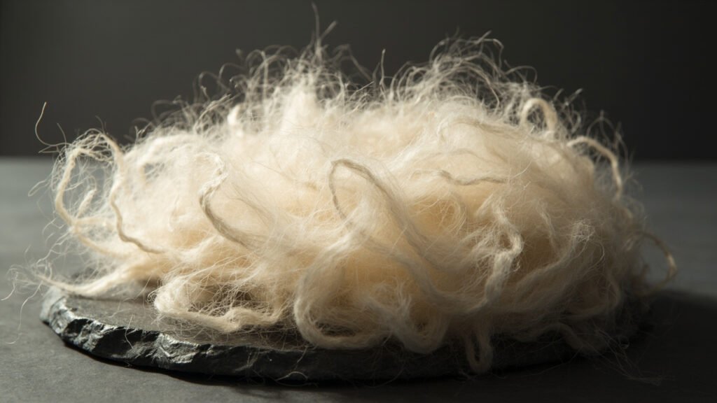 Macro de duvet de cachemire brut écru sur ardoise sombre.