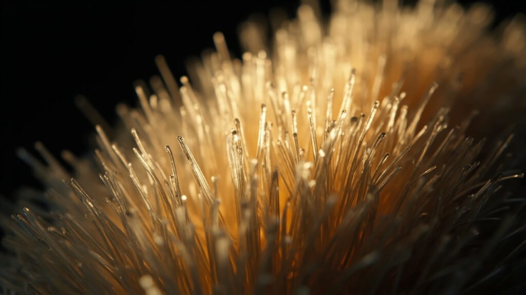 Macro de fibres de velours, lumière rasant les pointes.