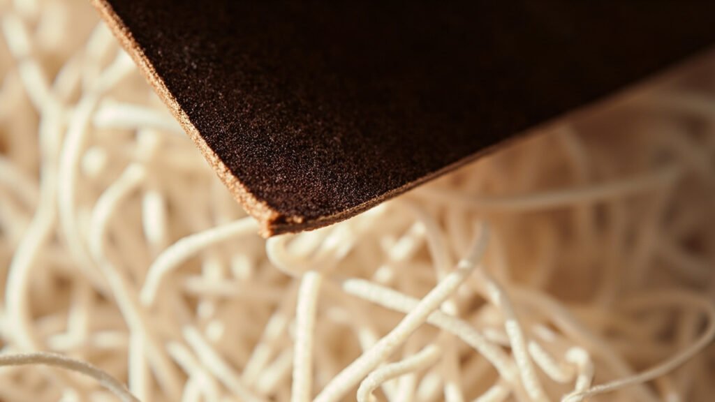 Macro de la tranche de cuir véritable, fibres naturelles visibles.