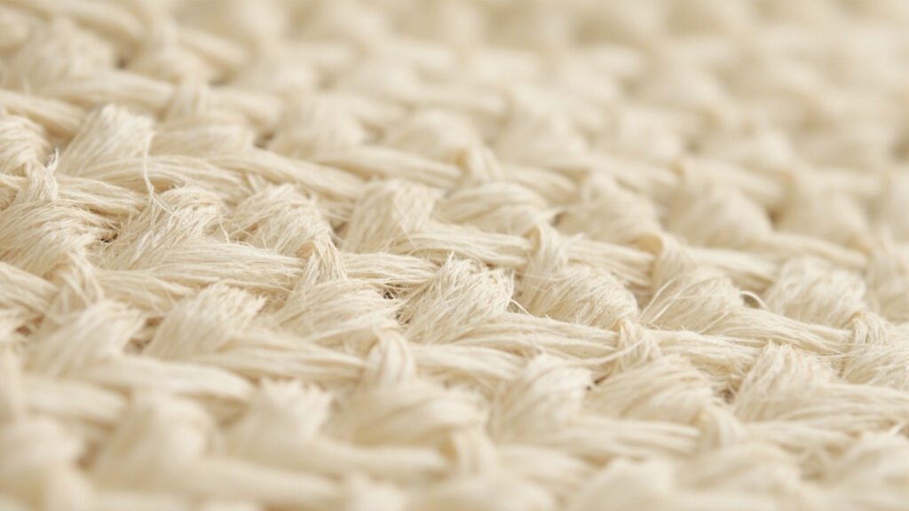 Macro de lin brut écru : structure tissée ajourée aux fibres creuses.
