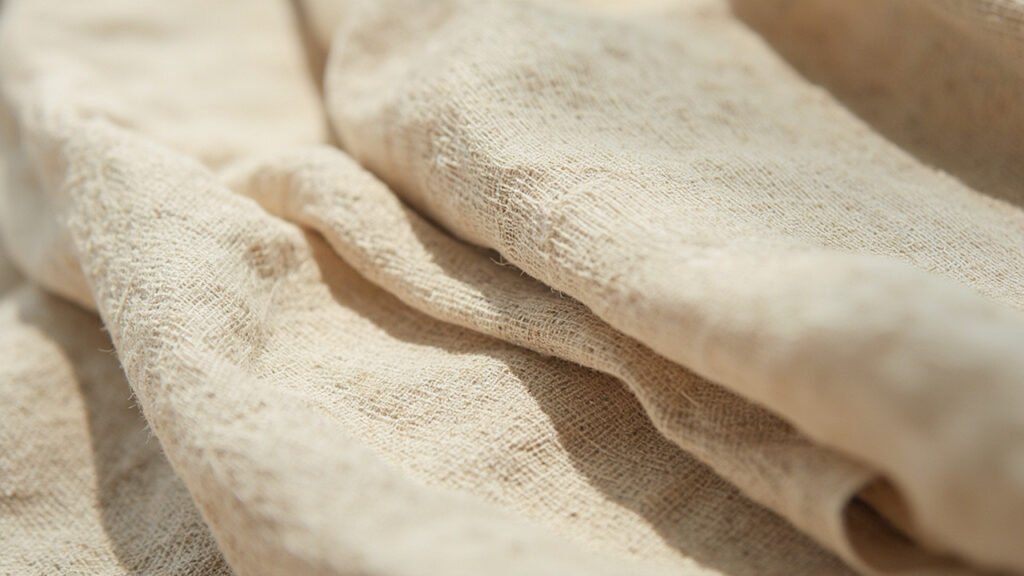 Macro de lin haute densité naturel, tissage beige serré en plis.