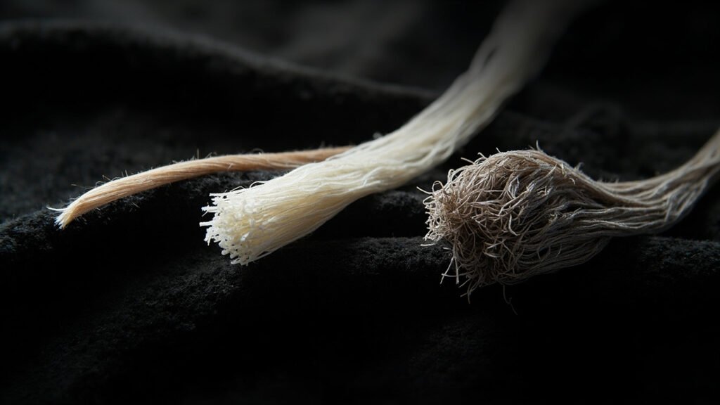 Macro de trois fibres : soie, polyester, viscose sur velours noir.