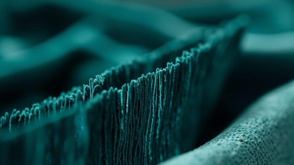 Macro de velours polyester : trame tissée et fibres dressées en rangs denses.
