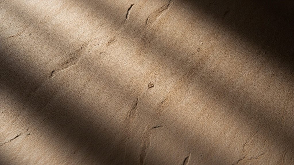 Macro du grain serré d'un cuir taupe, pores fins en relief.