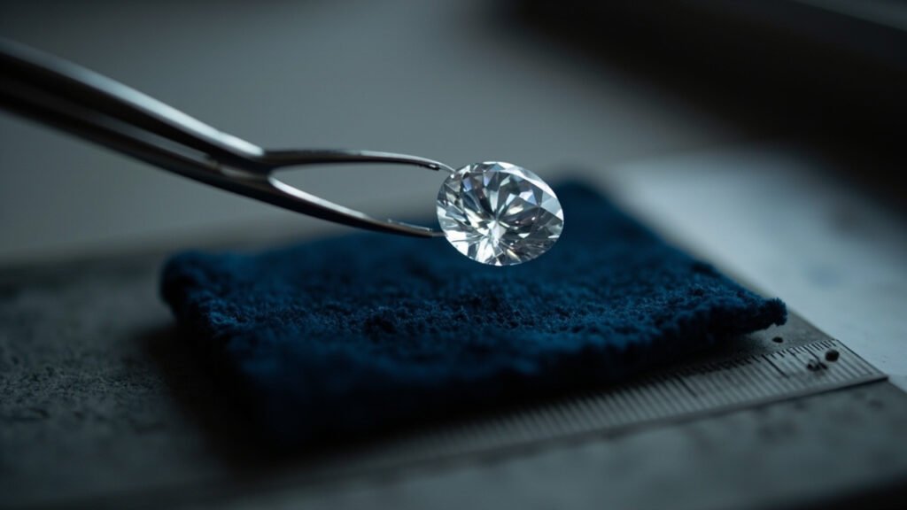 Macro d'un diamant maintenu par brucelles sur velours marine, jauge millimétrique.