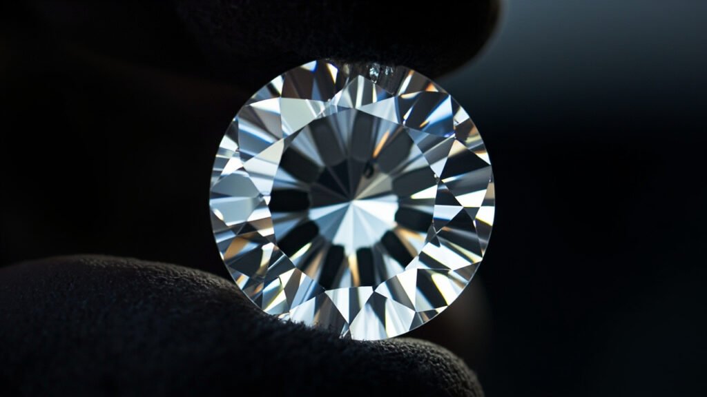 Macro d'un diamant taille brillant révélant feu et inclusions.