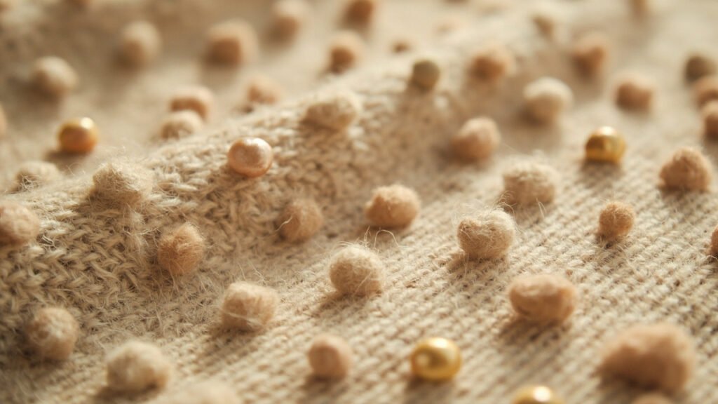 Macro d'un tricot cachemire sable constellé de bouloches.