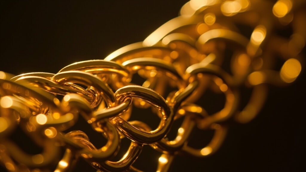 Macro d'une chaîne byzantine en or jaune, maillons entrelacés.