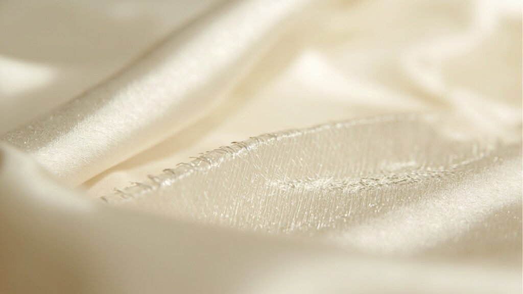 Macro sur satin perlé révélant les flottés de chaîne