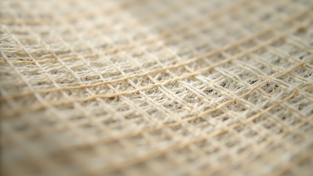 Macro sur une trame de lin, fils entrecroisés en lumière.
