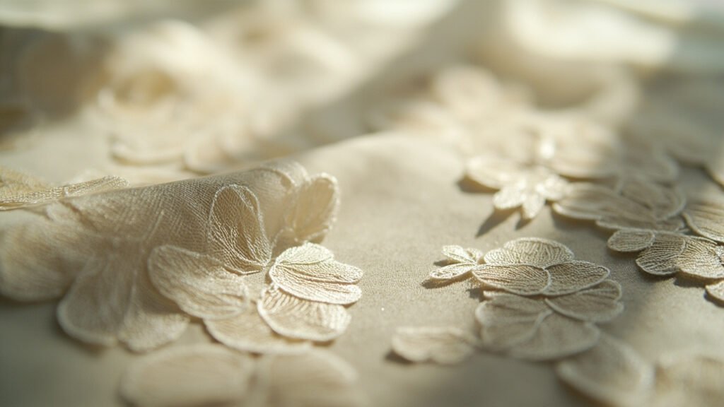 Macro velours dévoré : motifs floraux transparents sur fond opaque.