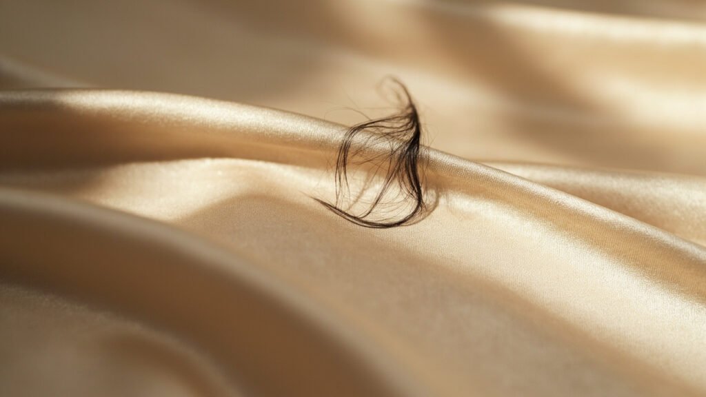 Macrophotographie d'un brin glissant sur satin champagne.