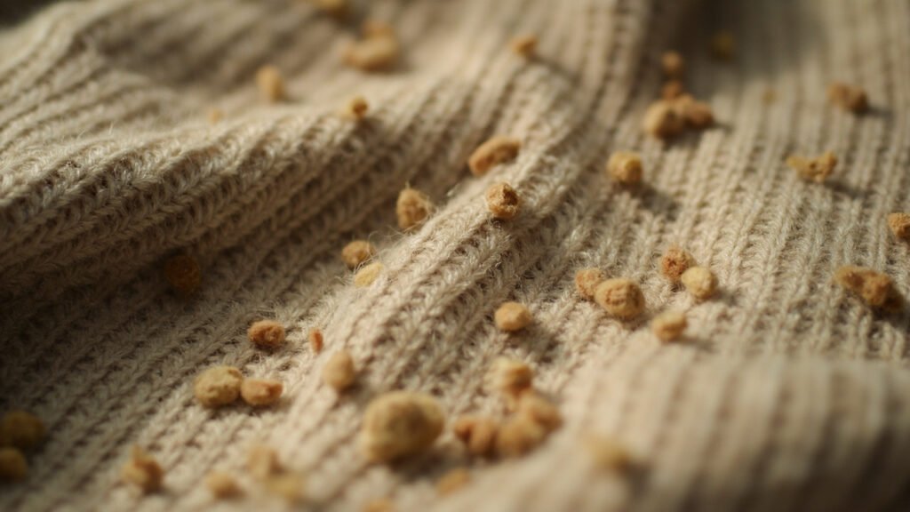 Maille cachemire-laine usée, micro-bouloches et fibres feutrées sous lumière.