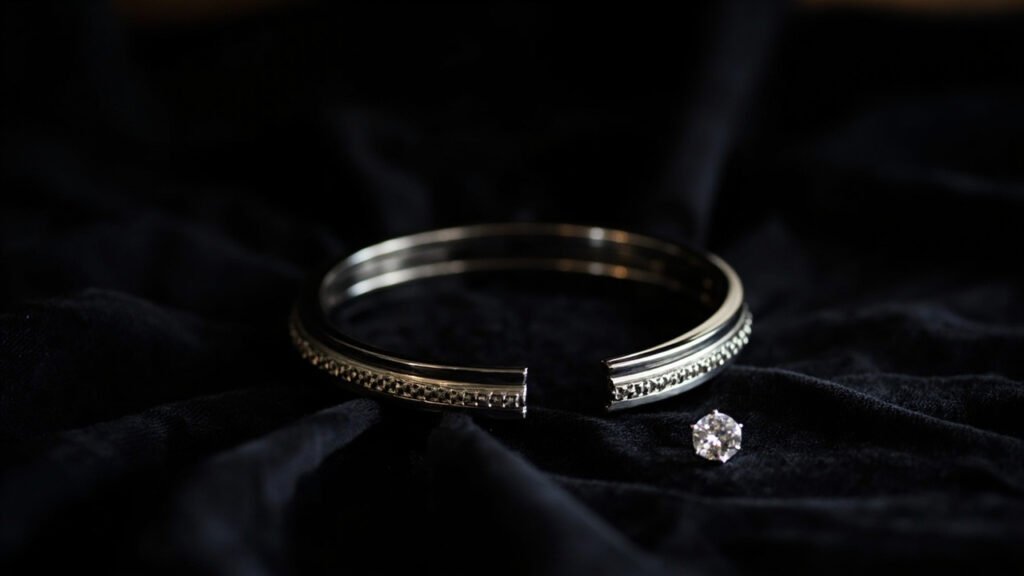 Maille vide sur platine et diamant libre sur soie noire.