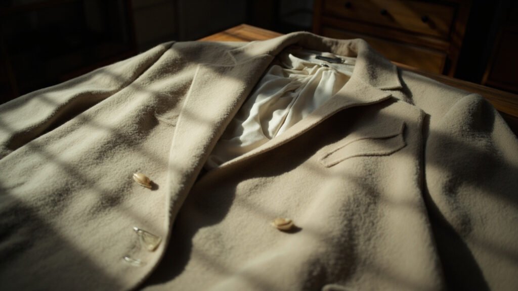 Manteau de cachemire en confection, poitrine en crin et doublure soie apparentes.