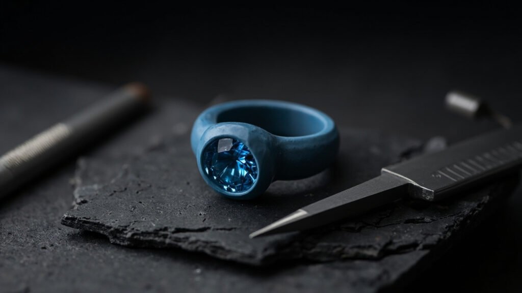 Maquette de bague en cire bleue sur ardoise, entourée d'outils de précision.