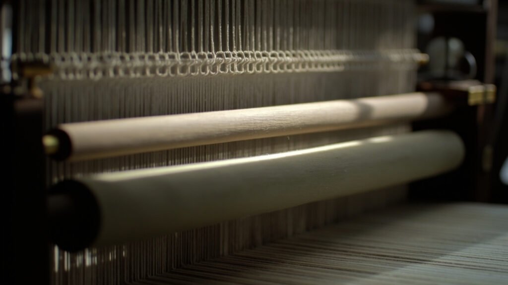 Mécanisme Jacquard : cylindre à cartes perforées et crochets sélecteurs.