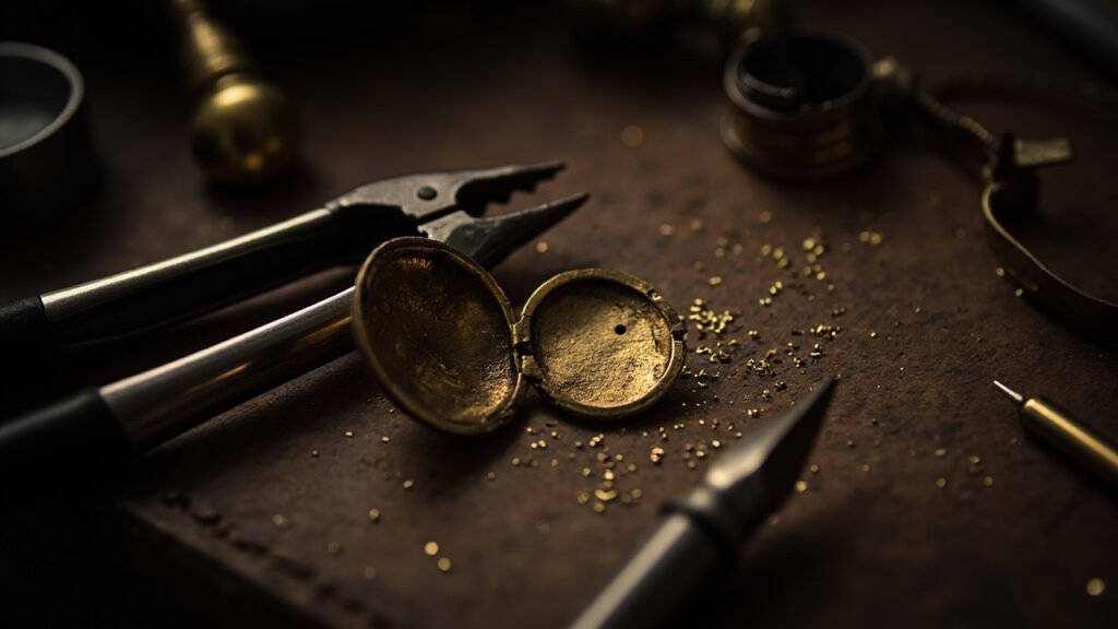 Médaille ancienne et outils de joaillier sur cuir patiné.