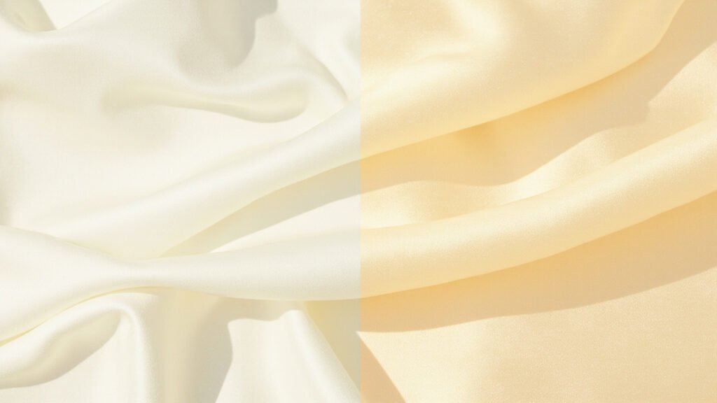 Même satin duchesse crème sous deux éclairages opposés.