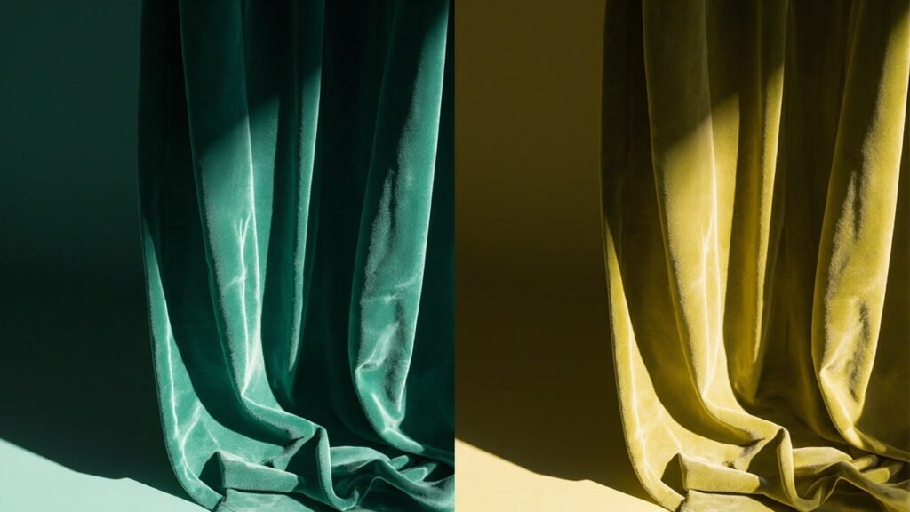 Même velours vert éclairé en lumière froide puis en lumière chaude.
