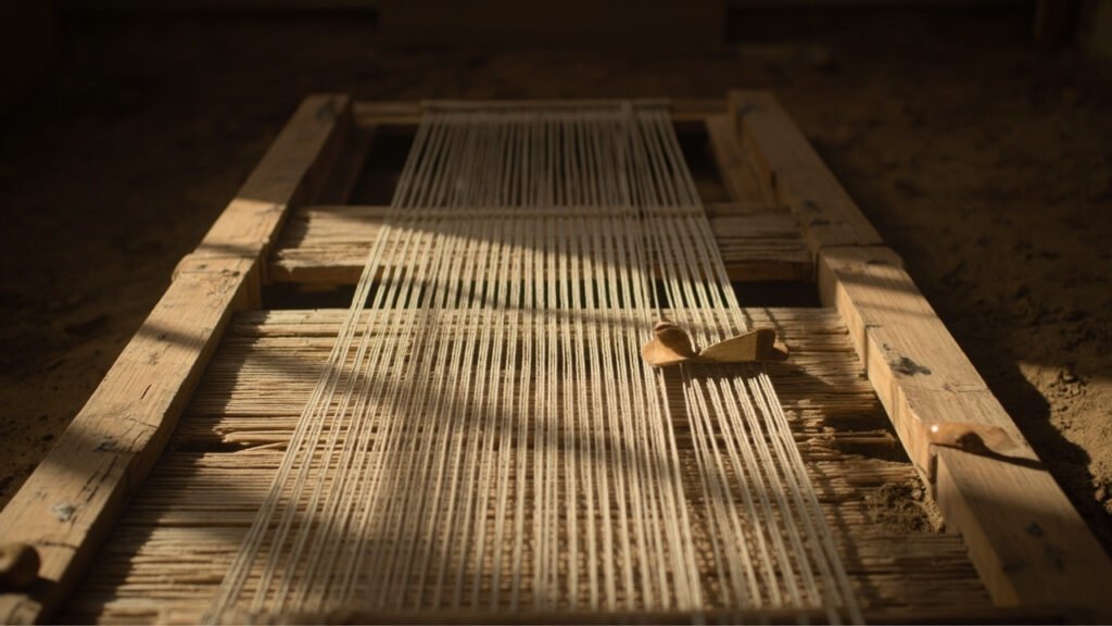 Métier à tisser horizontal égyptien avec chaîne tendue entre deux barres au sol