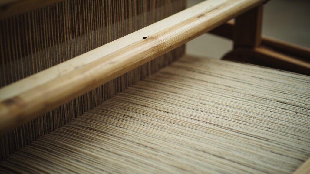 Métier à tisser traditionnel en bois avec chaîne de fils fins tendus