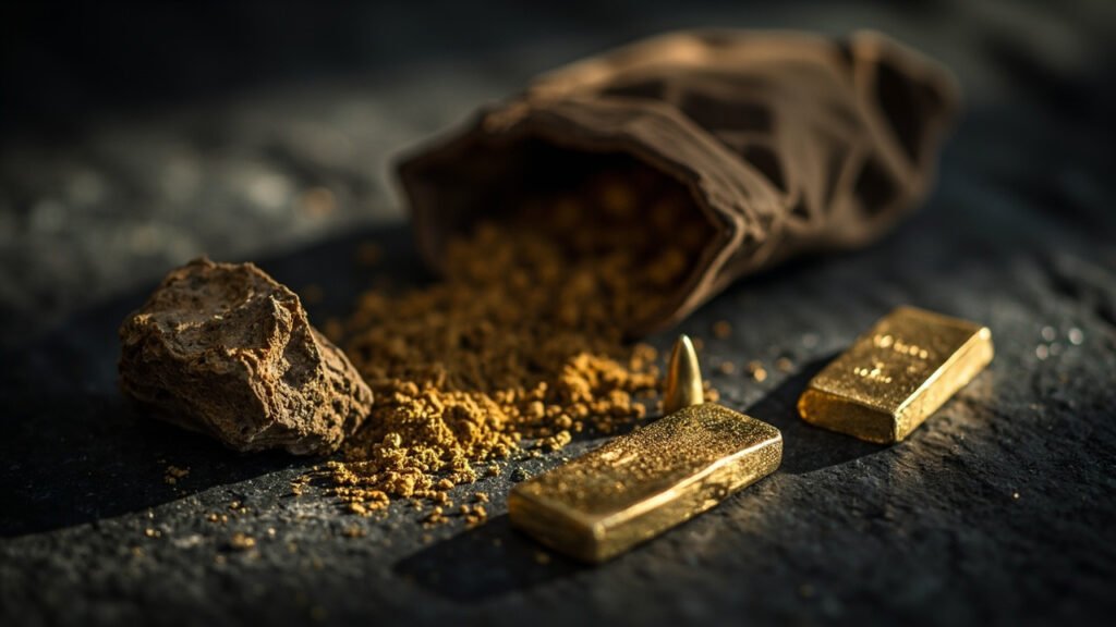 Minerai brut, poussière d'or, goutte fondue et lingot sur ardoise sombre.