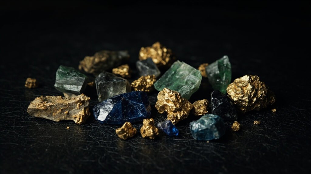 Minéraux bruts et pépites d'or sur cuir sombre.