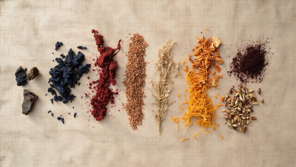 Morceaux d'indigo, racines de garance, cochenille et gaude disposés sur lin.
