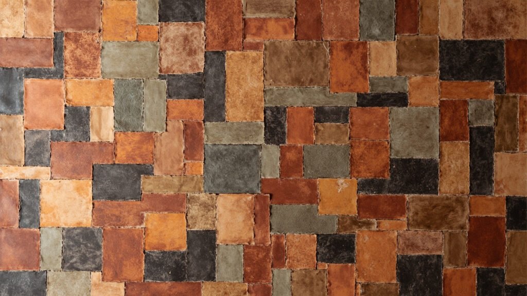 Mosaïque de chutes de cuir recyclées, tons terre, coutures visibles