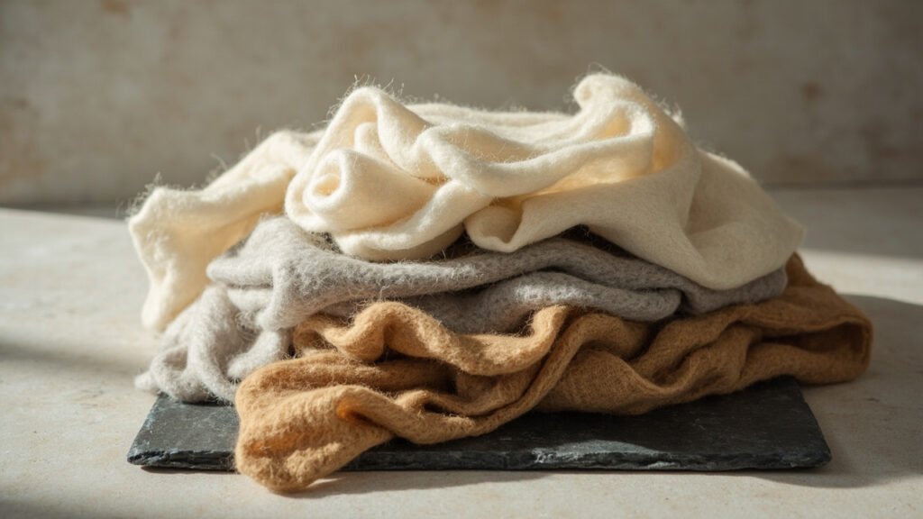 Nappes de cachemire recyclé écru, gris et caramel sur ardoise brute.