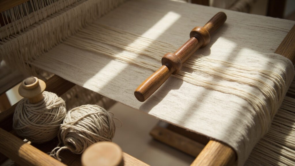 Navette de bois et fils de lin écrus sur métier.
