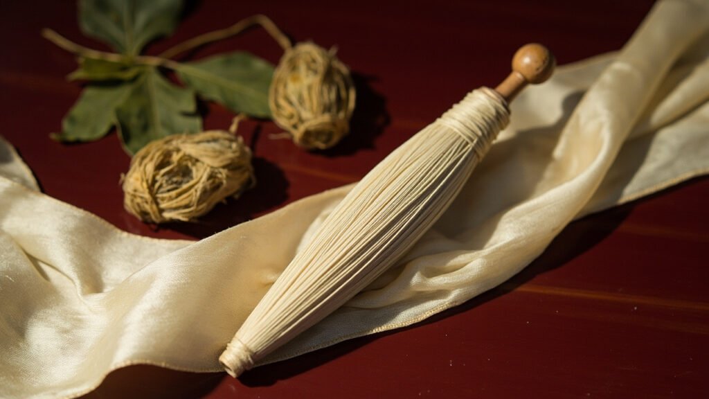 Navette de bois, soie ivoire, cocons et mûrier sur laque cinabre.