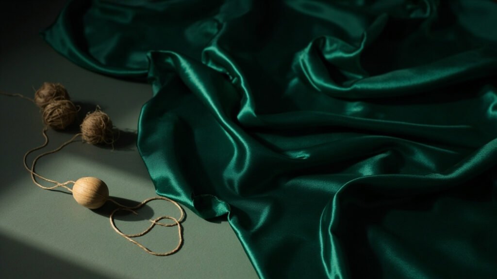 Navette de bois sur satin émeraude, fils de soie.