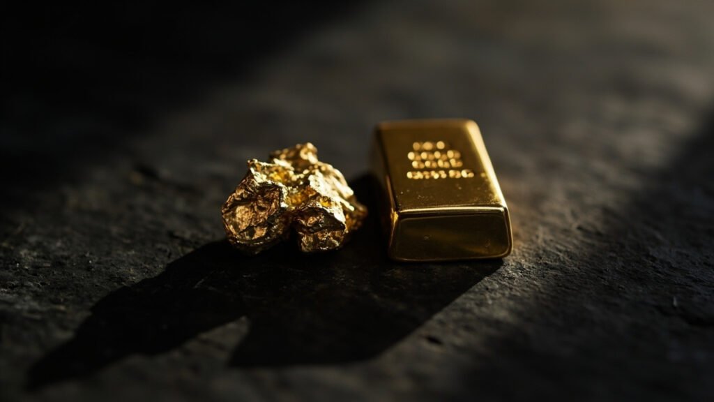 Nugget d'or brut et lingot poli, paradoxe de l'extraction éthique.