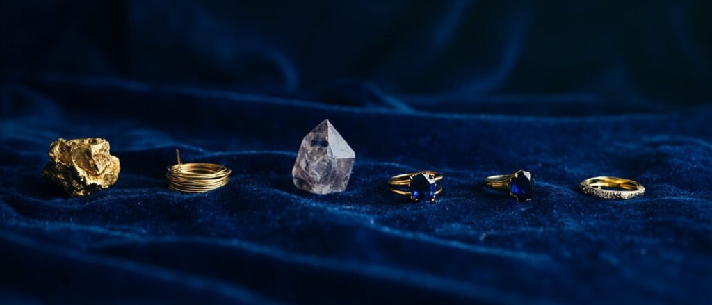 Nugget d'or, saphir brut, fil d'or, saphir taillé et bague en or.