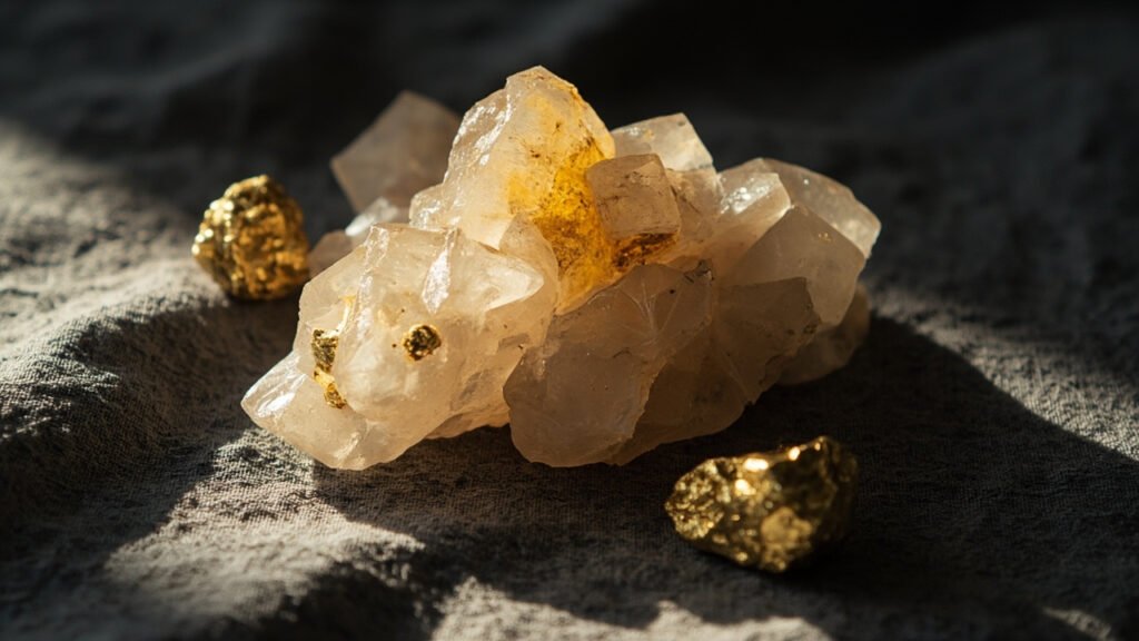Nuggets d'or brut incrustés dans du quartz sur lin charbon.