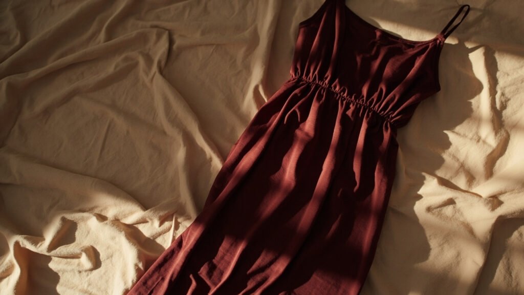 Nuisette satin bordeaux drapée sur lin naturel, lumière chaude.