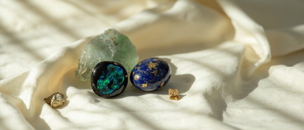 Opale, jade et lapis-lazuli disposés sur soie crème