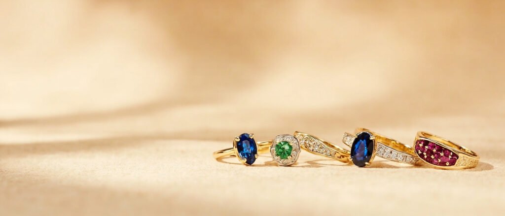 Or jaune serti de saphir, émeraude, pavé de diamants et rubis invisibles.