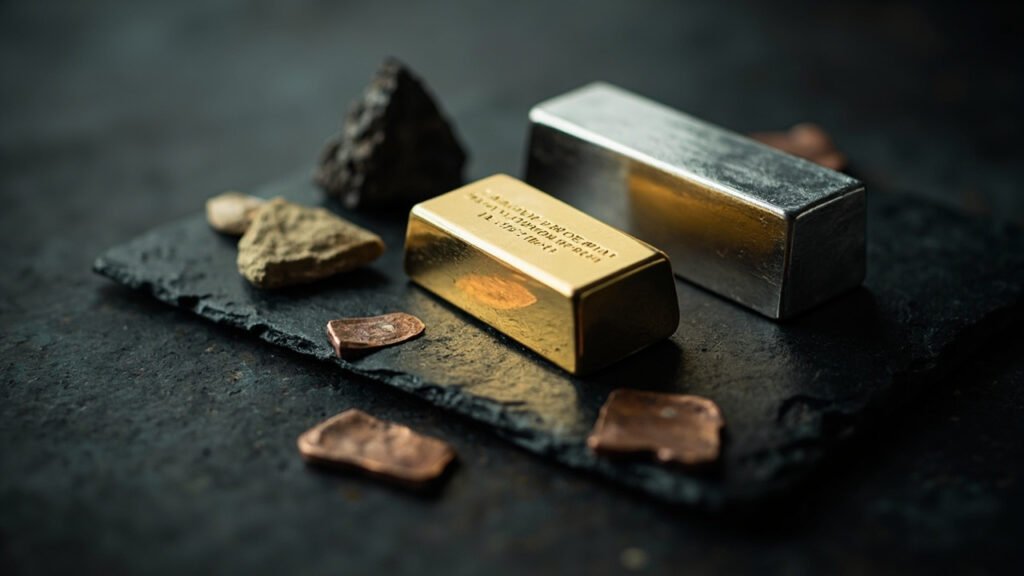 Or, platine et argent brillants sur ardoise, à côté de cuivre mat.