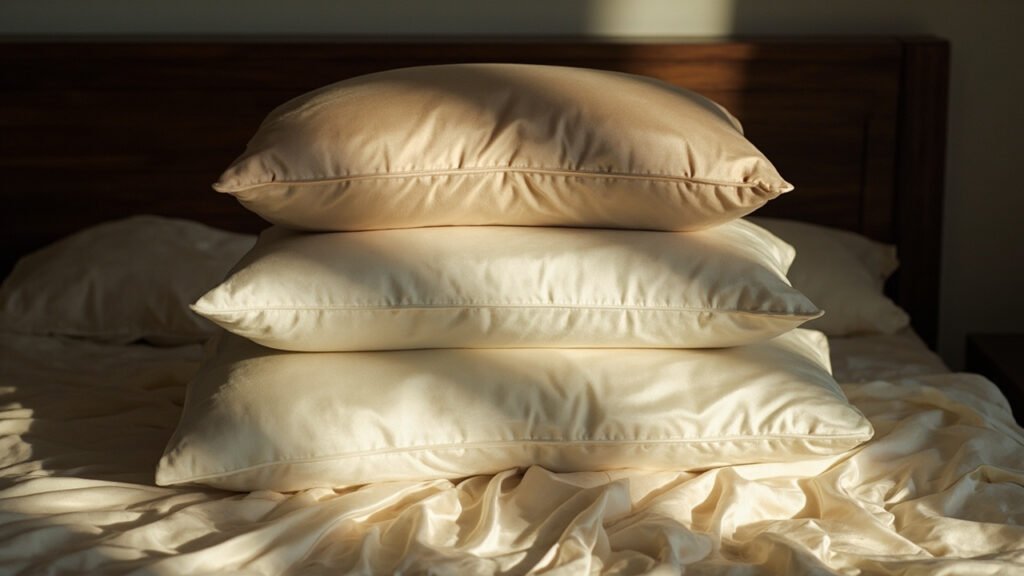 Oreillers et draps de soie champagne sur noyer, lumière matinale.