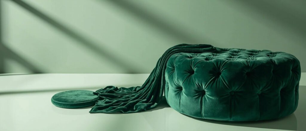 Ottoman en velours émeraude, plis somptueux et coussin rond.
