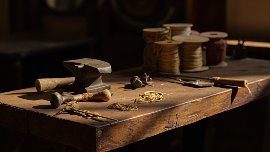 Outils anciens d'orfèvre et filigrane d'or sur établi de noyer
